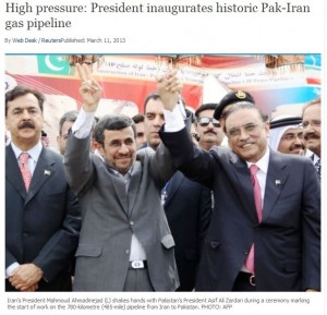 Headline and photo from Pakistan's Express Tribune announcing the pipeline groundbreaking ceremony.