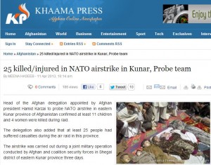 Partial screen-grab of the Khaama Press article confirming eleven children were killed in the April 6 NATO air strike in Kunar province. Various reports of the strike include this image as well as other photos taken from slightly different angles of the same group of victims.