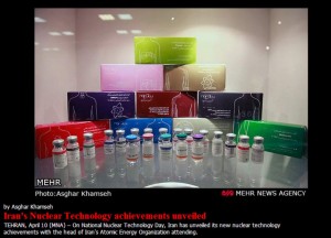 Sample medical isotope packaging on display at this week's National Nuclear Technology Day in Iran. Partial scree-grab from Mehr News.