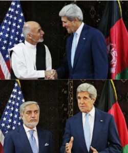 Two photos from Reuters today sum up the status of the Afghan presidential election. Ghani appears confident and ready to work with Kerry, while Abdullah gives Kerry the side eye.