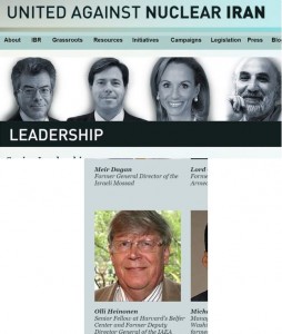 Composite figure of partial screengrabs from the Leadership page for United Against Nuclear Iran showing Heinonen's role as a member of its Advisory Board. Remarkably, Heinonen prefers not to note this role while his spouting his strongest anti-Iran positions.
