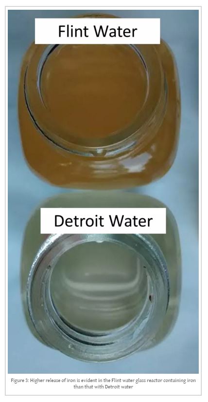 Flint water that has been in the presence of iron for five days takes on a reddish cast while Detroit water does not. Image is Figure 3 found at http://flintwaterstudy.org/2015/08/why-is-it-possible-that-flint-river-water-cannot-be-treated-to-meet-federal-standards/ by Dr. Marc A. Ewards and Siddhartha Roy.