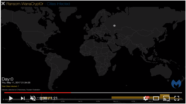 Screen shot, WannaCry heat map via Malwarebytes