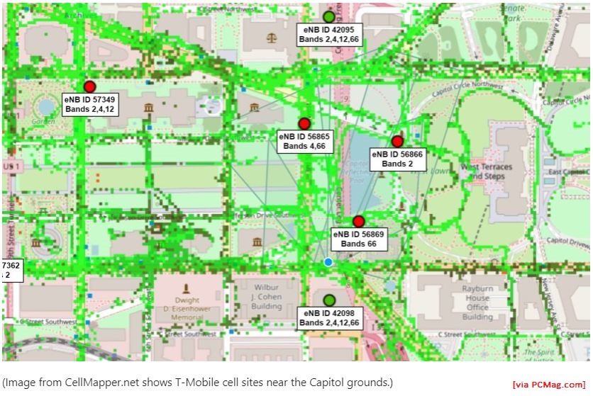 Cell phone traffic around US Capitol complex via CellMapper from PCMag, 07 January 2021