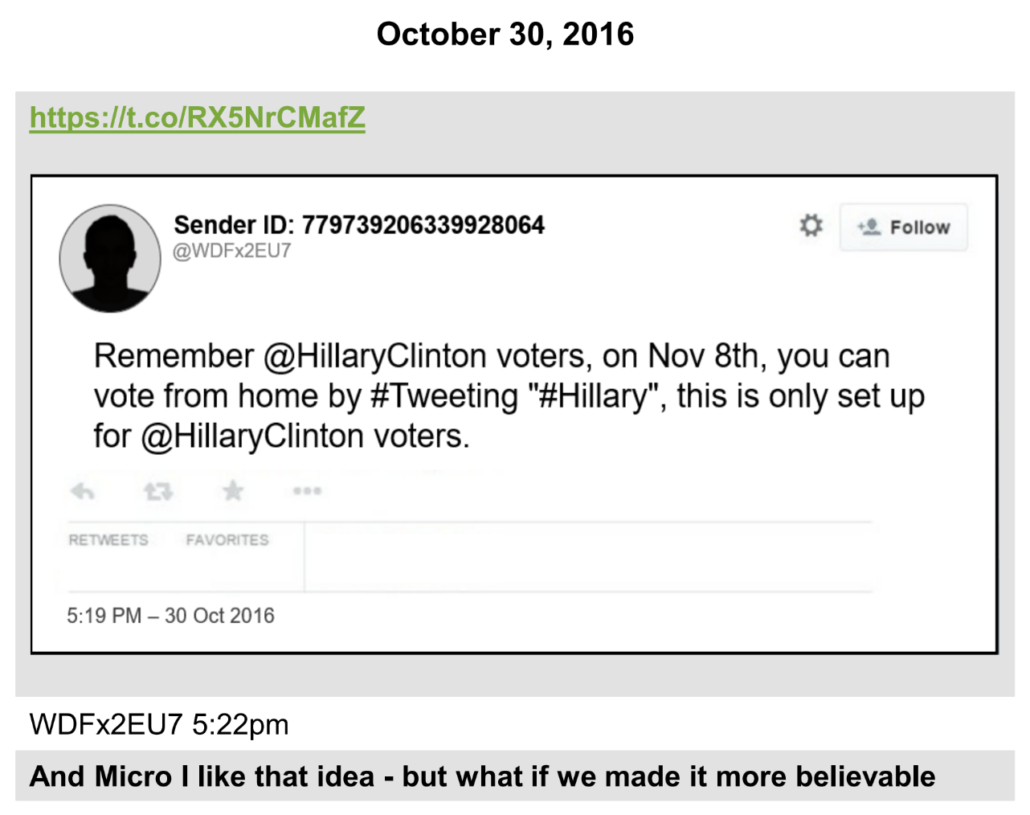 Text telling Hillary voters to tweet Hillary on November 8.