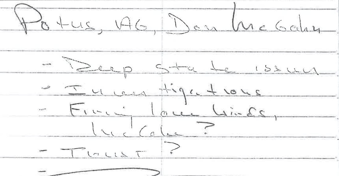 A scan of a notebook, reading "Potus, AG, Don Mc Gann, Deep State issue, Investigations, Firing love birds, McCabe? Trust?" as a bulleted list