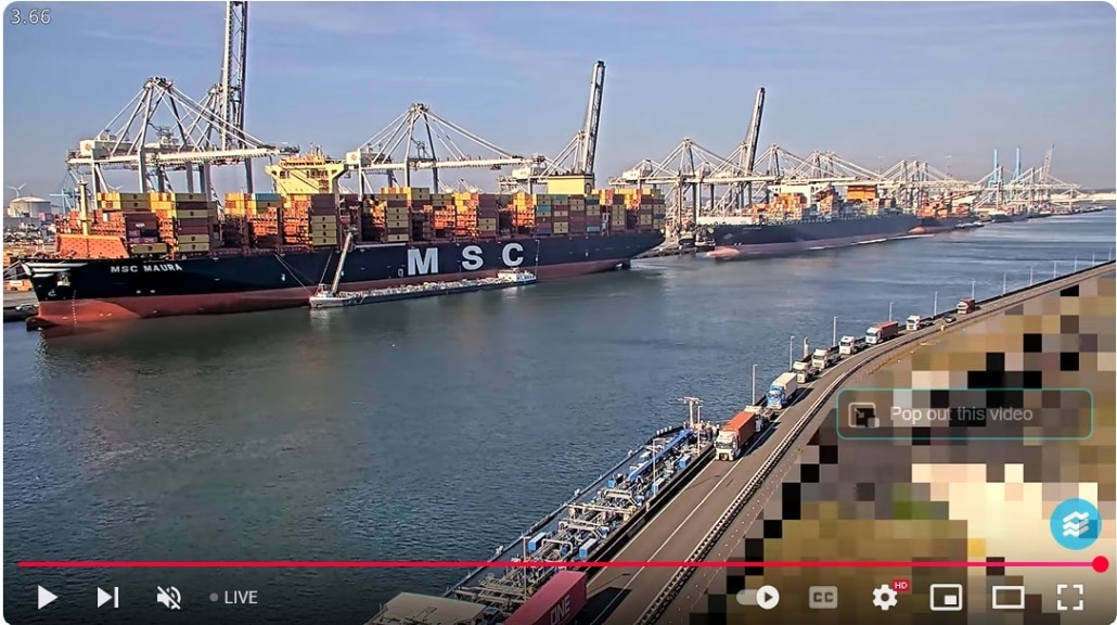 Moored container ships unloaded at Port of Rotterdam, 1750h 30-APR-2025 via YouTube