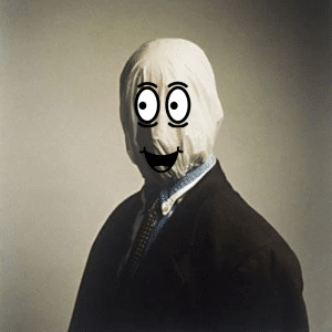 A weird man thing with a cartoonish friendly face drawn on a sack hiding who knows what