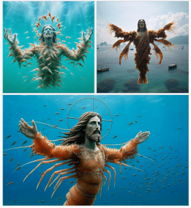 Disturbing AI pictures of Jesus made out of shrimp.